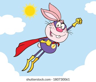 Pink Rabbit Superhero Cartoon Character Flying In The Sky. Vector Illustration