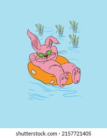 Vector De Ilustración De Natación De Conejo Rosa