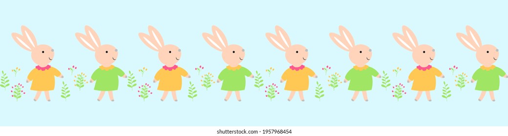 Pink rabbits in dresses with flowers. Seamless horizontal vector pattern, cartoon illustration for surface.