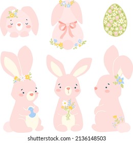 Pink Rabbits and Easter Egg Vector Illustration