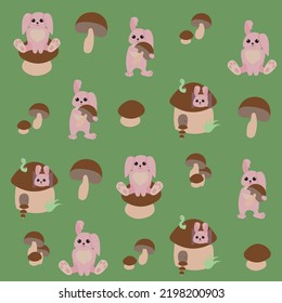 Pink rabbits and mushrooms. Seamless pattern. Vector illustration on a green background.