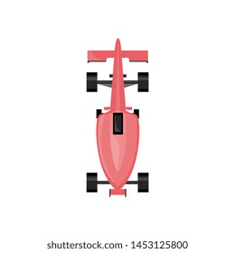 Pink race car from top view, cartoon model of sport vehicle for speed rally competition seen from above, isolated auto toy vector illustration on white background