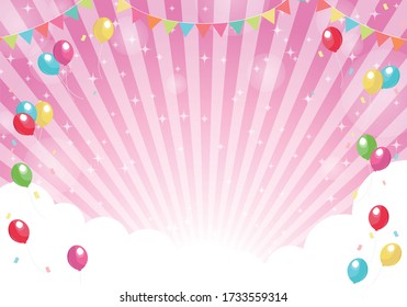 Pink radial background Balloons, clouds and glitter background