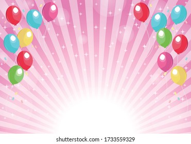 Pink radial background Balloons, clouds and glitter background