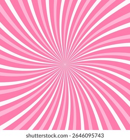 Pink radial burst background with dynamic twisted stripes. Pink and white colors. Bright comic-style sunburst pattern for pop art, retro design, poster, or social media template. Vector illustration.