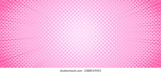 Pink radial dotted comic background. Speed lines wallpaper with pop art halftone texture. Anime cartoon rays explosion backdrop for poster, banner, print, brochure, cover, leaflet. Vector illustration