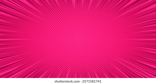 Pink radial rays comic background. Speed effect lines. Pop art Dotted halftone texture. Template for poster, banner, comic book, magazine, cover, promotion Design