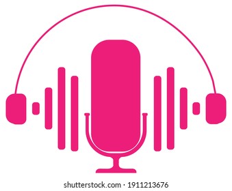 Pink radio for World Radio Day 2021,girly vector for valentine day and podcast logo, mic and headset