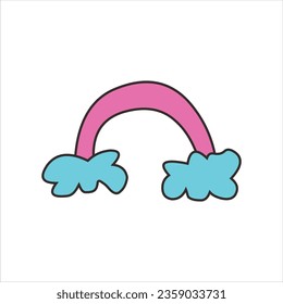 Pink rainbow with blue clouds isolated on white background.