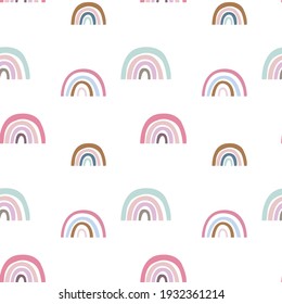 Pink rainbow and cute clouds seamless pattern