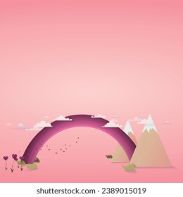 A pink rainbow with flowers in the shape of hearts clouds and mountains on a pink background