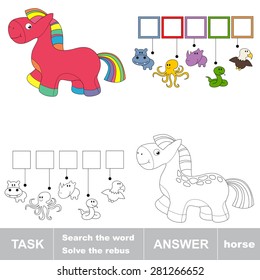 Pink rainbow horse toy. What is the word hidden? Task and answer. Page to be colored. Hidden word to be colored. Find the answer. Solve the rebus. Find the word. 