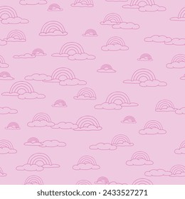 Pink Rainbows and Clouds in Line Art on Pink Background Seamless Pattern 