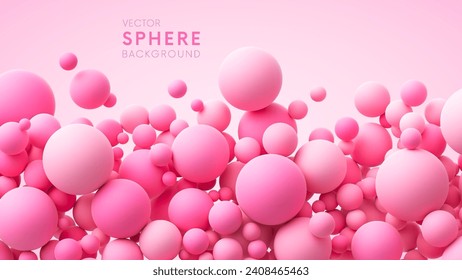 Pink random flying spheres background for Happy Valentine's day or love concept. Pink matte soft balls for romantic postcard, flyer, banner, invitation or poster. Vector 3d illustration