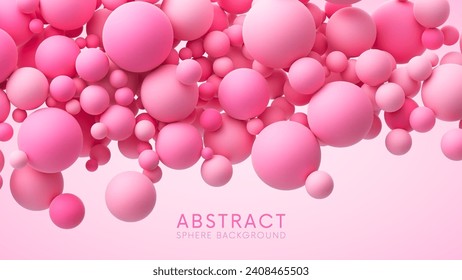 Pink random flying spheres background for Happy Valentine's day or love concept. Pink matte soft balls for romantic postcard, flyer, banner, invitation or poster. Vector 3d illustration