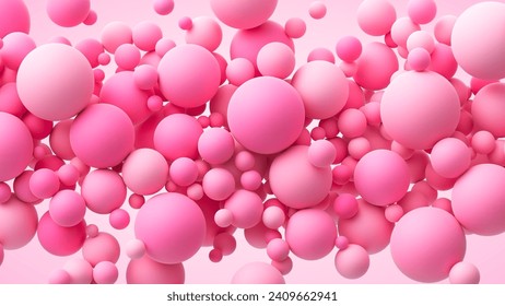 Pink random flying spheres background for Happy Valentine's day or love concept. Pink matte soft balls for romantic postcard, flyer, banner, invitation or poster. Vector 3d illustration