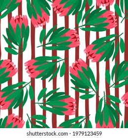 Pink random protea flowers silhouettes seamless pattern. Red and white striped background. Doodle style. Designed for fabric design, textile print, wrapping, cover. Vector illustration.