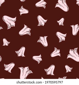 Pink random tulip buds silhouettes seamless pattern in doodle style. Brown background. Flat vector print for textile, fabric, giftwrap, wallpapers. Endless illustration.