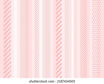 Pink random width vertical striped background with various dot and stripe patterns