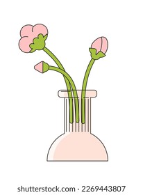 Pink ranunculus in glass vase. Abstract geometric hand drawn vector illustration. Spring flower isolated on white.