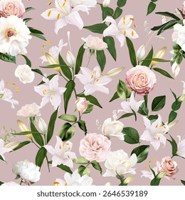 Pink ranunculus, white peony, blush pink rose, magnolia, white lily, camellia, floral buds and greenery vector seamless pattern. Floral summer watercolor print. Elements are isolated and editable