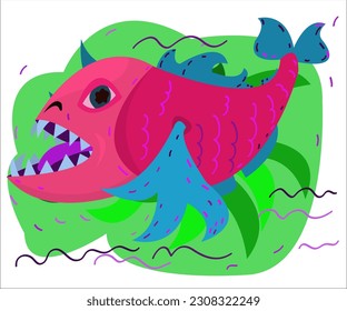 A pink rapacious fish, swimming underwater on a green background. This illustration can be used as a logotype for sea and tourist organizations. Vector, isolated.