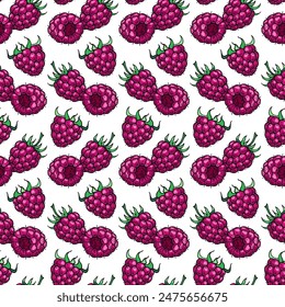 Pink Raspberries. Seamless pattern. Color berries. Hand-drawn flat imagets. Design of candies and sweet desserts. Vector illustration on a white background.