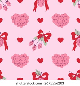 Pink Raspberry with Bows Seamless Pattern. Hand drawn Romantic Background with Coquette Berries, leaves, fresh Fruit, tied curly ribbons, and heart shape. Flat style vector illustration