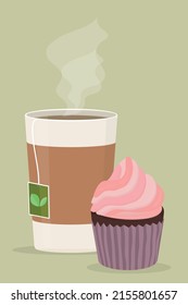 pink raspberry cupcake muffin with cream for the holiday sweet with paper cup of tea