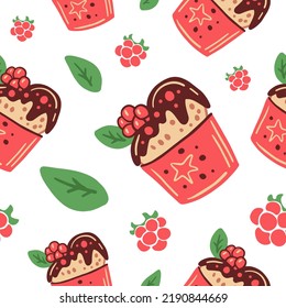 Pink raspberry dessert with chocolate seamless pattern. Cute hand drawn repeat vector illustration background with falling cake ice cream sweet in girly cartoon style. Cafe restaurant menu packaging