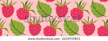 Pink raspberry with foliage seamless pattern on pink background. Spring garden background. Summer berry menu, cold drinks. Perfect for textile, menu, packaging, kitchen design. Flat vector
