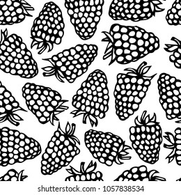Pink Raspberry with Green Stem Seamless Endless Background. Summer Red Berries. Realistic Hand Drawn Illustration. Savoyar Doodle Style.