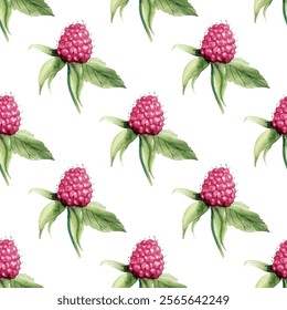 Pink raspberry isolated vector illustration on white, pink crimson garden or forest berry fruits. Ripe raspberry jam fruits, fresh berry vector seamless pattern with green leaves,