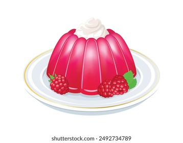 Ilustración vectorial de budín de jalea de frambuesa rosa. Pudín de jalea de fruta rosa en un icono de plato aislado sobre un fondo blanco. Postre de gelatina con frambuesas y crema batida