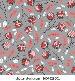 Pink raspberry on the grey background. Vector seamless pattern. 