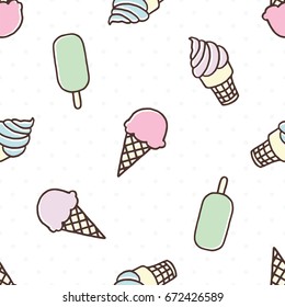 Pink (Raspberry, Strawberry, Cherry), Green (Pistachio, Mint), Purple (Grape) Ice Cream on a Wooden Stick and Ice Cream Cone with Dots Cartoon Outline Style Vector Seamless Pattern