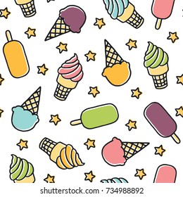 Pink (Raspberry, Strawberry, Cherry), Green (Pistachio, Mint), Purple (Grape), Yellow (Orange, Melon) Ice Cream on a Wooden Stick and Cone with Stars Cartoon Outline Style Vector Seamless Pattern