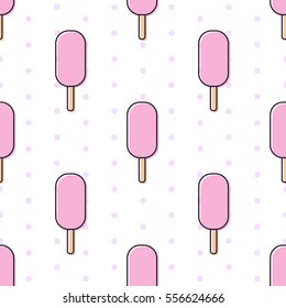 Pink Raspberry or Strawberry or Cherry Ice Cream on a Wooden Stick and Dots Cartoon Outline Style Vector Seamless Pattern