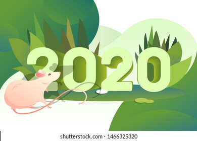 Pink rat and 2020 numbers. Two thousand and twenty, outdoors in nature scene. New Year concept. Vector illustration can be used for banners, posters, webpages templates