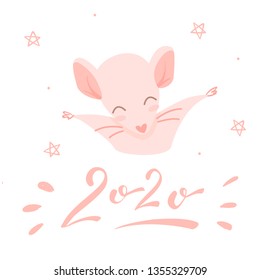 Pink rat and lettering 2020, isolated illustration on white background