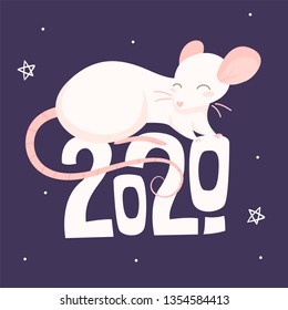 Pink rat is sitting on the text 2020 on a purple background greeting card
