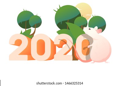 Pink rat and tropical trees. 2020 outdoors scene with sun. New Year vacation concept. Vector illustration can be used for topics like holiday travel and tourism