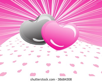 pink rays background with pair of two romantic heart