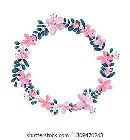 Pink realist flower circle frame border, Floral decoration round, Illustration of summer spring flower for greeting wedding card cover