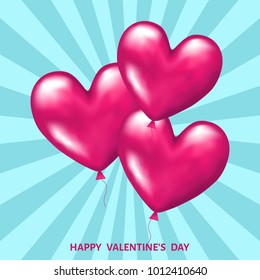  Pink  realistic 3d   balloons  in  shape  of  hearts  for  Valentines day  greeting card  isolated on blue background. Weeding decoration. Vector  illustration for   save the date card templates.