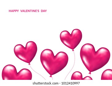  Pink  realistic 3d   balloons  in  shape  of  hearts  for  Valentines day  greeting card  isolated on white  background. Weeding decoration. Vector  illustration.