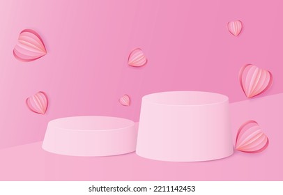 pink realistic 3d cylinder pedestal podium with pastel backdrop. decorated with paper cut hearts. Abstract vector rendering geometric platform. Product display presentation. minimal scene.