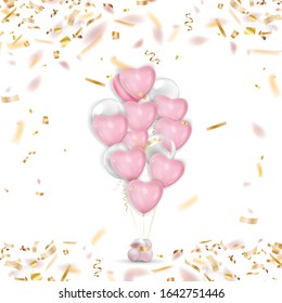 Pink realistic balloons in form of heart n white, with rose petal falling.