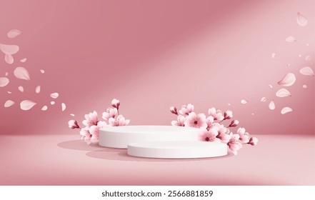 Pink Realistic Realistic Cherry Blossom Flowers Product Podium Scene. Vector Illustration EPS10