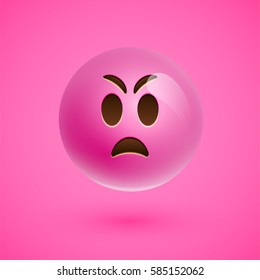 Pink realistic emoticon smiley face, vector illustration